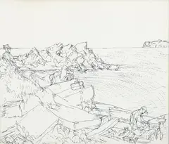 Fishermen in a Cove, mid 1960s by Henry Koerner, pen and ink drawing, offered Nov 2025