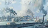 John Stobart, Pittsburgh The Monongahela Waterfront in 1900, offset, lithograph