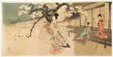 Toyohara Chikanobu, (Japanese, 1838-1912), Night Cherry Blossom Viewing in the Garden, 1896, color, woodcut triptych, Publisher: Fukuda Hatsujiro