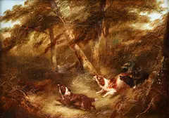 George Armfield, (British, 1808-1893), Three Spaniels Flushing Out a Pheasant, oil on canvas