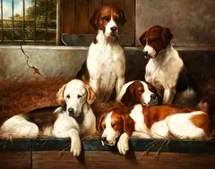 Shipley, Five Hunting Dogs in the Kennel, oil on canvas