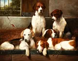 Five Hunting Dogs in the Kennel by Shipley, oil on canvas, offered Oct 2025