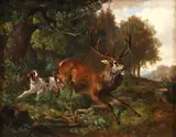 Hunting Dog Chasing Leaping Stag by after Edwin Henry Landseer, oil on canvas on board, offered Oct 2025