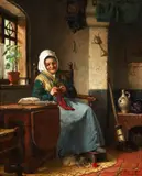 Knitting by The Cottage Window, Antwerp by Jean Arnould Heyermans, oil on canvas, offered Oct 2025
