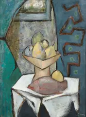 Cubist Still Life with Fish, Fruit, and Plant with Window by William Glen Davis, oil on masonite, offered Oct 2025
