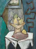 William Glen Davis, Cubist Still Life with Fish, Fruit, and Plant with Window, oil on masonite