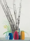 Still Life with Birches and Wild Flowers by Elizabeth C. Osborne, 1983, watercolor, offered Oct 2025