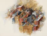 Cynthia Cooley, Pittsburgh Southside, 1996, acrylic and newsprint collage on canvas