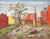 Neighborhood Scene with Abandoned Car, likely in Western Pennsylvania by William L. Lender, 1944, oil on Masonite board, offered Oct 2025