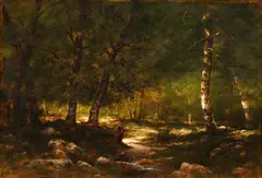 Charles Linford, Forest Interior with Meandering Stream, oil on canvas
