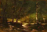 Charles Linford, Forest Interior with Meandering Stream, oil on canvas