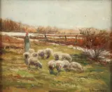Alfred Bryan Wall, Last Snow Sheep Along a Creek, oil on canvas mounted to masonite