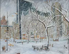 The Plaza Hotel in Winter Snow, undated by Alex Schloss, oil on board, offered Oct 2025