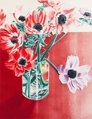 Carolyn Brady, Anemones on Red Tables, 1981, aquatint printed in colors, pencil