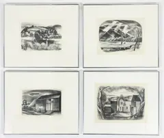 Ernest Fiene, Barns, 1926, 16/30, Village, 1927, 11/50, Winter, 1926, 19/30, Barn, 1927, 11/58, all lithographs, each, pencil