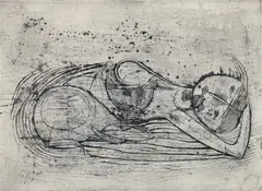 Johnny Friedlaender, Reclining Girl with Cat, circa 1950s, etching and aquatint, pencil