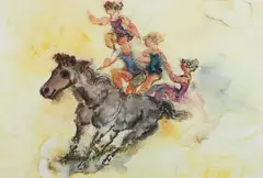 Chaim Gross, Bareback Riders, Circus Series, mid 20th century, color, lithograph, pencil