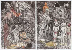 Ann McCoy, The Underworld, diptych, 1980, lithograph on Arches Rolled paper with hand coloring by the artist in colored pencils