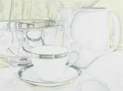 Cup with Blue Rim, 1980, color by Jeanette Pasin Sloan, lithograph, pencil, offered Sep 2025