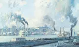 John Stobart, Pittsburgh The Monongahela Waterfront in 1900, offset, lithograph