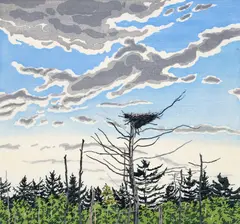 Neil Welliver, Osprey's Nest, 1979-1980, color, woodcut on Kizuki Sarashi Hanga paper