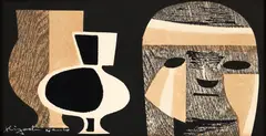 Haniwa (1), 1950s, color woodblock, 6 x 11.25 inches, signed in white by Kiyoshi Saitō, ink and, offered Sep 2025