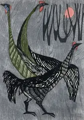 Tamami Shima, Game Fowl, 1959, color, woodcut