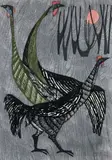 Tamami Shima, Game Fowl, 1959, color, woodcut