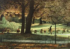 Late Afternoon, undated, color by Harold Altman, lithograph, offered Aug 2025