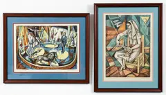 Irving Amen, Lot of 2 color etchings: Ringmaster, undated, ed. 7/300, plate size 13 x 18 inches, framed 20.5 x 25.25 inches. Mandolin, undated, color, etching, A/P