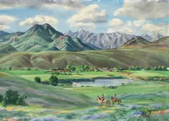 Dwight Shepler, Riders in a Western Landscape, (possibly Sun Valley), 1953, watercolor