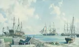John Stobart, Sailing Day Nantucket in 1841, offset, lithograph
