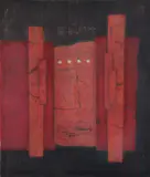 Tajima Hiroyuki, Red Mansion, 1973, woodblock print in colors, 21 x 17.75 inches