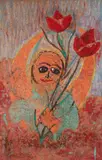 Robert Wright, Figure with tulips, oil on corkboard