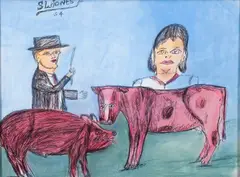 Shields Landon Jones, (American, 1901-1997), Man and Woman with Cow and Pig, 1994, ink and watercolor