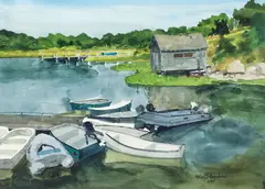 Boat Dock on Lake by Robert Bowden, 2009, watercolor, offered Aug 2025