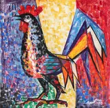 Abstracted Rooster, 1965, crayon and by Virgil D. Cantini, pastel drawing, offered Aug 2025