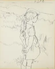 Henry Koerner, Little Girl on Field, 1950s, pen and ink on paper, mounted to a backing board