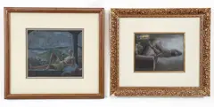 Malcolm Parcell, Pair of, oil pastels. 1. The Naturalist, mid 20th century, pencil and oil pastel on gray board