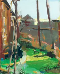 Summer City Scene by Barry Shields, gouache on paper, offered Aug 2025