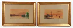 William Frederick Paskell, using the pseudonym T. Bailey, Pair of New England Paintings, Mt. Chocorua, New Hampshire AND The Wharf, Rockport, Maine, watercolor on thin board, both