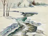Carl Sprinchorn, Snowy Landscape with Stream, watercolor on paper