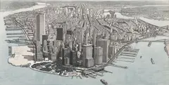 Richard Haas, Manhattan View, Battery Park, 1980, etching with aquatint