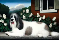 One Longhair Dog Resting on Stone Wall while Another inside the House Looks Enviously On by Christine Herman Merrill, 2012, oil on canvas, offered Jun 2025