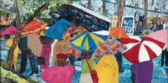 Rain Kiss - Umbrellas in Pittsburgh by Jeff and Mark Zets, mixed media collage, offered Jun 2025