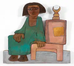 Kamal Youssef, Seated Woman, 2000, mixed media on carved wood panel