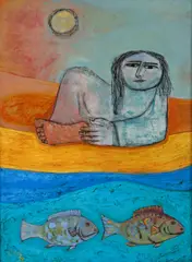 Kamal Youssef, Au Bord du Lac [Girl by the Lake], 1992, oil on canvas