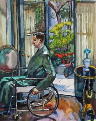 Henry Koerner, Man in Wheelchair, c.1950, watercolor on paper, mounted to a backing board