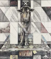 Herbert Olds, (American/Pittsburgh, 20th century), Portrait with Number 45, color, pencil drawing and mixed media