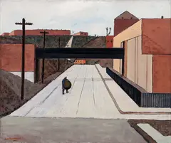 The Bridge #2 [aka The Viaduct] by Samuel Rosenberg, 1940, oil on Masonite panel, offered Jun 2025